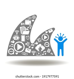 Data waves fall on stress man vector icon. Information overload symbol.