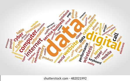 Data word cloud on white background. Technology and web concept.