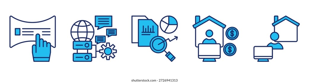 Daten Arbeit Symbolsatz. für Online-Dienste. Icon-Set enthalten Online-Formular, Server-Management, Datenanalyse, freiberufliche Arbeit, Arbeit zu Hause. einfache Vektorblau-Illustration.