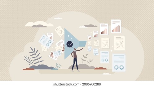 Data wrangling and information sorting with right order tiny person concept. Big data info sorting and processing using digital funnel document analysis vector illustration. Quality order selection.