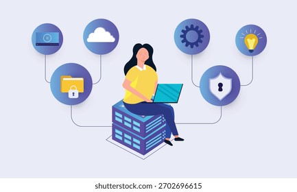 Database administration concept, woman working with laptop on database
