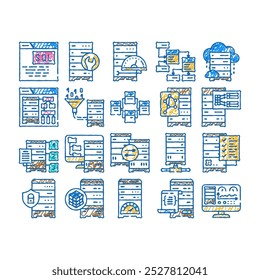 database administrator computer, doodle icons set vector. sketch line art system technology, laptop internet, data cloud, server business, network, service database administrator color illustrations