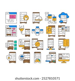 database administrator computer, icons set vector. system technology, laptop internet, data cloud, server business, network, service database administrator computer, color Contour Illustrations