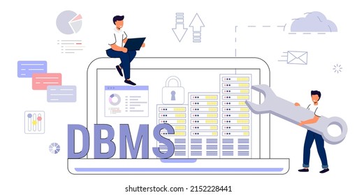 Database administrator DBMS software Data center Computer connection Hosting server Synchronize technology Application or website method to store, retrieve, and run queries Vector illustration Acronym