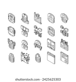 database administrator server isometric icons set. technology business, laptop computer, cloud system, network engineer, internet database administrator server color line