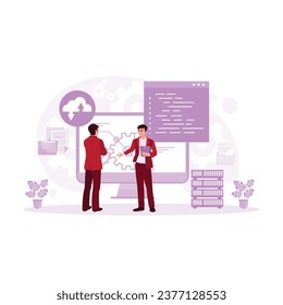 Database administrator standing in front of the computer analyzing data information. Database concept. Trend Modern vector flat illustration