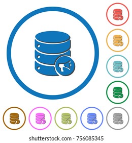Database alerts flat color vector icons with shadows in round outlines on white background