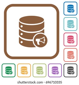 Database alerts simple icons in color rounded square frames on white background