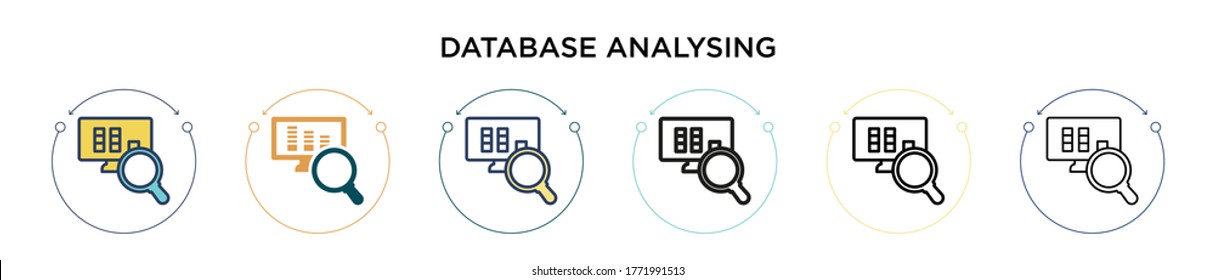 Database analysing icon in filled, thin line, outline and stroke style. Vector illustration of two colored and black database analysing vector icons designs can be used for mobile, ui, web