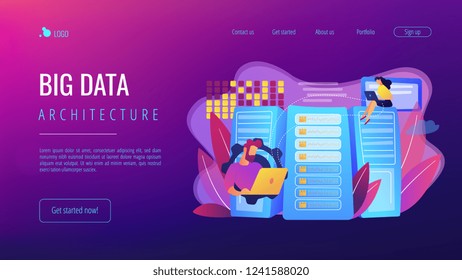 Database analysts with laptops working with data in the center. Big data storage, big data architecture, real-time data analytics concept. Website vibrant violet landing web page template.