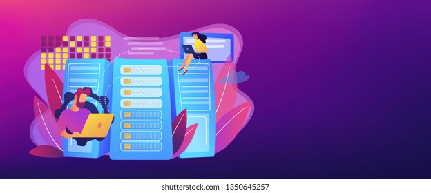 Database analysts with laptops working with data in the center. Big data storage, big data architecture, real-time data analytics concept. Header or footer banner template with copy space.