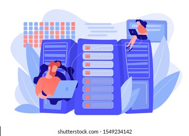 Database analysts with laptops working with data in the center. Big data storage, big data architecture, real-time data analytics concept. Pinkish coral bluevector isolated illustration