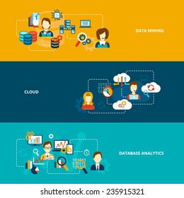 Database analytics banner flat set with data mining cloud isolated vector illustration