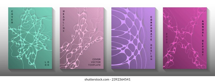 Database analytics concept abstract vector covers. Rounded waves render backdrops. Delicate brochure vector templates. Hi tech cover pages graphic design set.