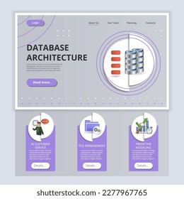 Plantilla del sitio web de la página de inicio plana de la arquitectura de la base de datos. Servicio al cliente de Ai, administración de archivos, modelación predictiva. Banner web con encabezado, contenido y pie de página. Ilustración vectorial.
