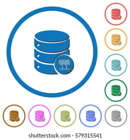 Database archive flat color vector icons with shadows in round outlines on white background
