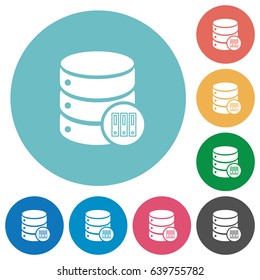 Database archive flat white icons on round color backgrounds