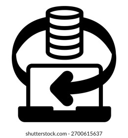Matriz de banco de dados e ícone sólido do laptop, conceito de tecnologia da informação. Gráficos vetoriais. Alterações de acumulação de dados, sinal de troca no fundo branco, ícone de estilo de estrutura de tópicos para design móvel ou web