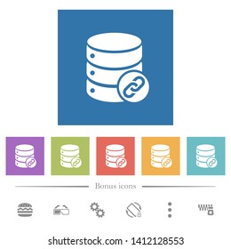 Database attachment flat white icons in square backgrounds. 6 bonus icons included.