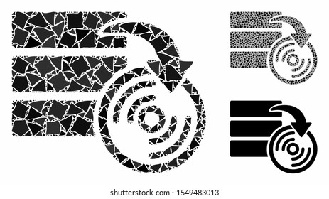 Database backup composition of raggy items in variable sizes and shades, based on database backup icon. Vector abrupt items are combined into collage.