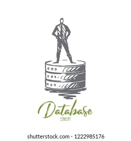 Database, backup, server, software, tool concept. Hand drawn man standing on data equipment concept sketch. Isolated vector illustration.