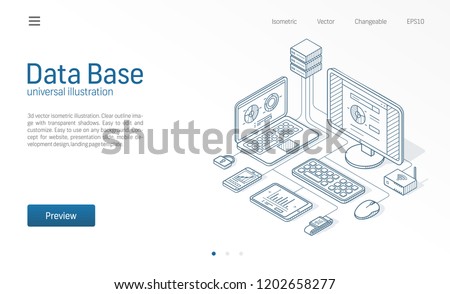 Database, big data, host server modern isometric line illustration. Datacenter, file protection center business sketch drawn icons. Abstract 3d vector background. Information storage network concept.