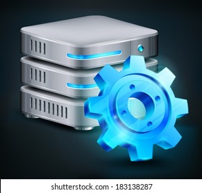 Database and blue gear, computer hard disk, vector illustration