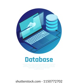 Database blue round design concept with laptop connected to cloud computing network  isometric vector illustration 