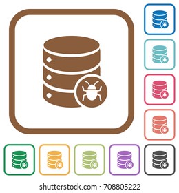 Database bug simple icons in color rounded square frames on white background