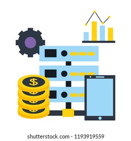 database center dollar coins smartphone chart fintech