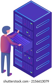 Database center info storage, datacenter with modern innovation and systems station. Man working with computer to run service software. System administrator near server, equipment, industrial device