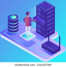 Database center info storage, datacenter with modern innovation and systems station. Man working with computer to run service software. System administrator near server, equipment, industrial device