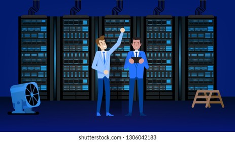 Database Center Server Room Examination. Prevention Process For Diagnostic and Optimization Cloud Storage. Man Person Engineer Character Monitoring Tech Process. Hardware Equipment Support.