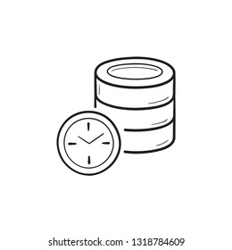 Database with clock hand drawn outline doodle icon. Database deadline, schedule, planning concept. Vector sketch illustration for print, web, mobile and infographics on white background.