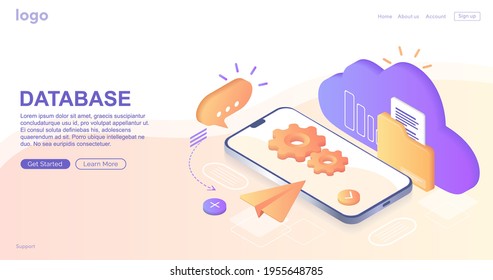 Database with cloud server, Data set, process, classification, database. Company process development structure. Data Center concept based.  Business organization with circle gear mechanism. Vector