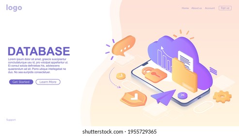 Database with cloud server, Data set, process, classification, database. Company process development structure. Data Center concept based. Business organization with circle gear mechanism. Web banner 