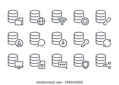 Database and cloud server line icon set. Network and hosting linear icons. Data transfer and online computing outline vector sign collection.