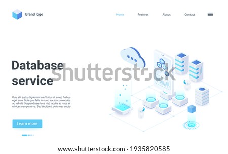 Database cloud service isometric vector illustration. Cartoon 3d internet service for exchange of information data files between mobile phone and cloud storage, database of servers landing page