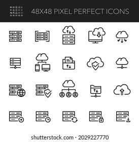 Database and cloud storage server icons set. Upload, protection and networking. Pixel perfect, editable stroke