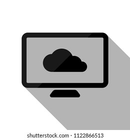 database, cloud technology, computer and cloud. simple icon. Black object with long shadow on white background