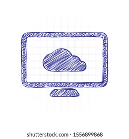 database, cloud technology, computer and cloud. simple icon. Hand drawn sketched picture with scribble fill. Blue ink. Doodle on white background