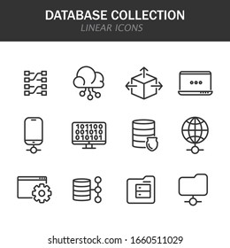Database collection linear icons in black on a white background