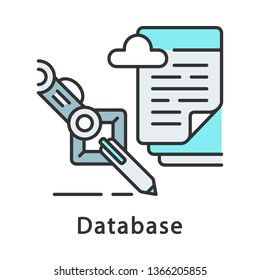 Database color icon. Data collecting and processing. Robotic process automation. Robot hand writing text with pen. RPA. Isolated vector illustration