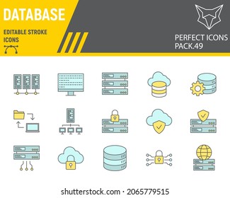 Database color line icon set, cloud computing collection, vector graphics, logo illustrations, big data vector icons, database signs, filled outline pictograms, editable stroke