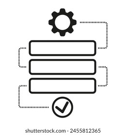 Database configuration and verification icon. Server settings, gear and checkmark symbols. System administration concept. Vector illustration. EPS 10.