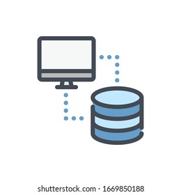 Database connection color line icon. Computer with connection to data storage vector outline colorful sign.