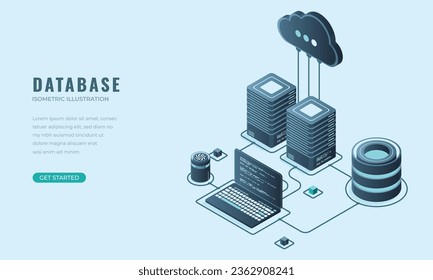 Konzept der Datenbankverbindung als Zielseite. Isometrie im Serverraum. Website für digitale Technologie-Landung. Vektorgrafik