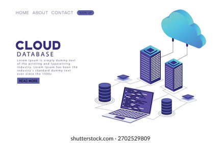 Concepto de página de destino de conexión a base de datos. Sala de servidores isométrica