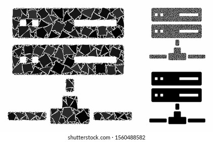 Database connection mosaic of uneven pieces in various sizes and color tints, based on database connection icon. Vector inequal pieces are united into collage.