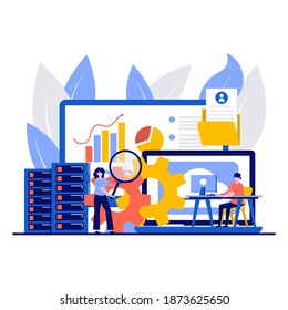 Database creative concept with tiny character. Team of coders programmers teamwork on data research development flat vector illustration. Modern technology, organized archive metaphor.